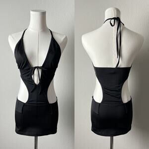 y2k vintage black cutout minimalist sexy bodycon halter club party mini dress